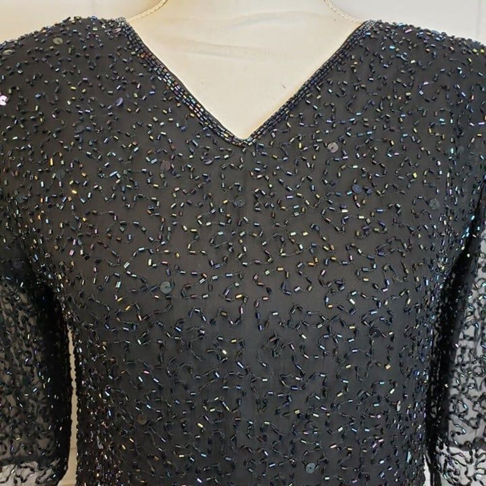 Vintage 80s 90s Pure Silk Beaded Top Black Iridescent Sequin Whimsygoth Blouse - Picture 2 of 8